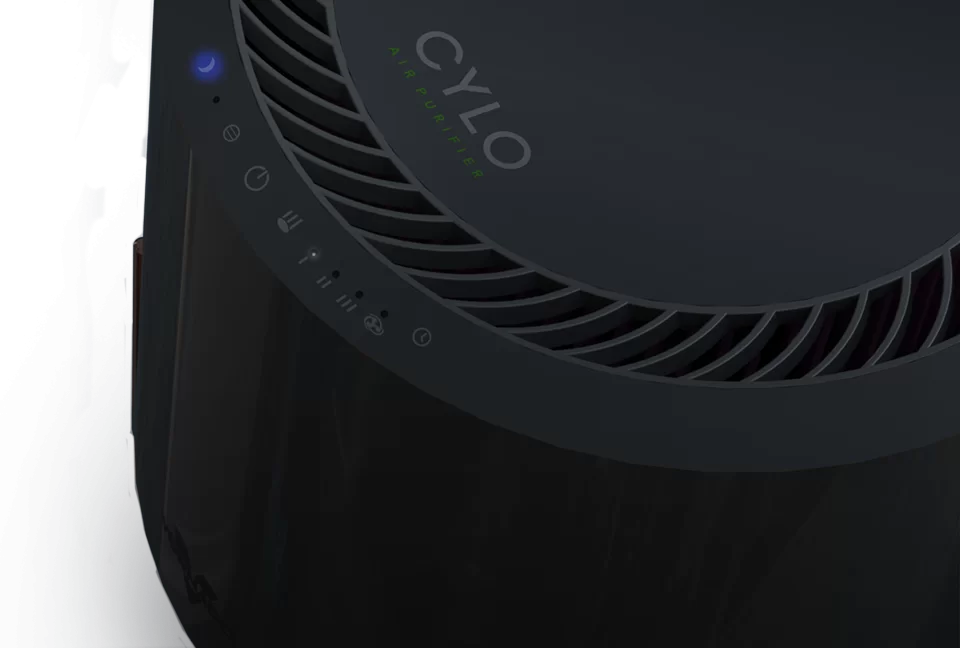 Cylo51 web banner night Closeup of Cylo51 Air Purifier's controls