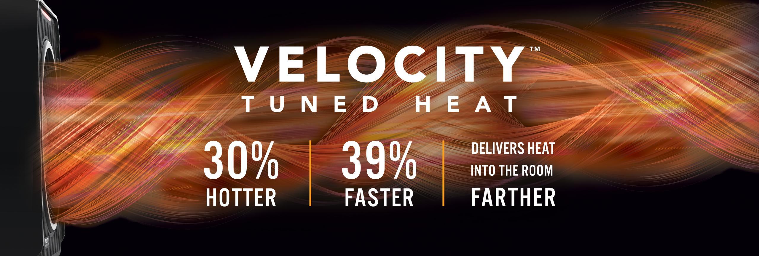 Velocity 1 Web Banner Velocity Tuned Heat Graphic banner of a Velocity 1 personal heater blowing out hot air indicated by orange and red swirls. The banner says Velocity Tuned Heat 30% Hotter, 39% Faster Delivers Heat Into the Room Farther