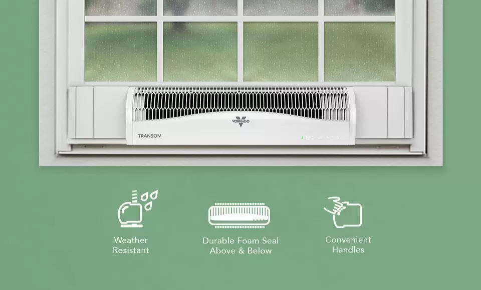 Transom Rain Shine Product Banner A white Transom window air circulator. Underneath it are 3 white icons. The left icon says Weather Resistant, the middle icon says Durable Foam Seal Above & Below, the right icon says Convient Handles. All three icons have a supporting image above them.