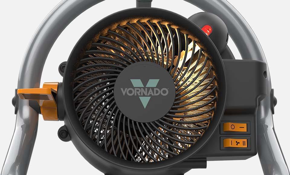 VelHD Durable Front view of Velocity HD Garage Heater prominently featuring the vornado logo and orange control switches