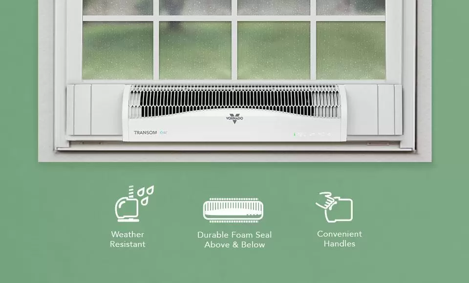 TransomAE Rain Shine Product Banner TransomAE Air Circulator in a window with raindrops. Below is the following text with supporting icons, all in white: Weather Resistant, Durable Foam Seal Above & Below, Convenient Handles