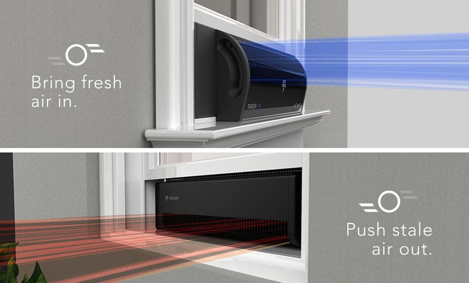 TransomAE Reversible Exhaust Modes Product Banner Graphics showing TransomAE Reversible Exhaust Modes with blue lines indicating it brings fresh air in. The bottom graphic has red lines indicating it's pushing stale air out.