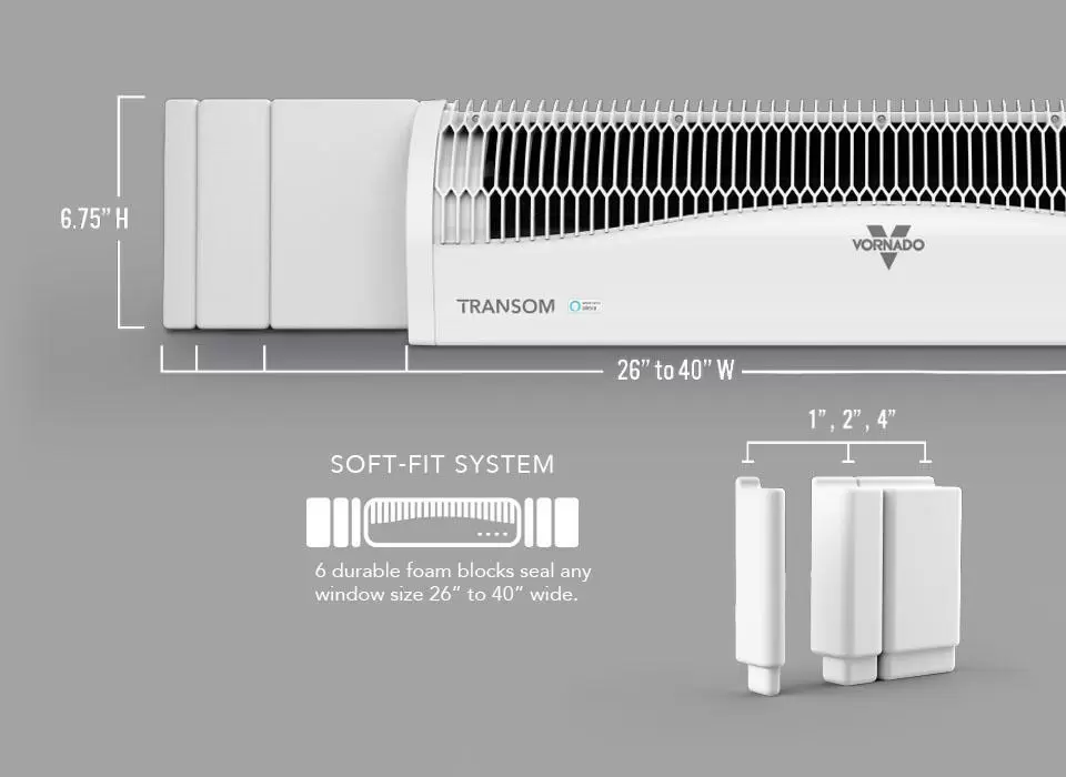 TransomAE Window Sizes Modular Blocks Product Banner Infographic of TransomAE Window showing Modular Blocks sizes of 1", 2", and 4". It also lists Transforms 6.75" height and a width of 26" to 40". There is a Soft-Fit System icon with the supporting text: 6 durable foam blocks seal any window size 26" to 40" wide.