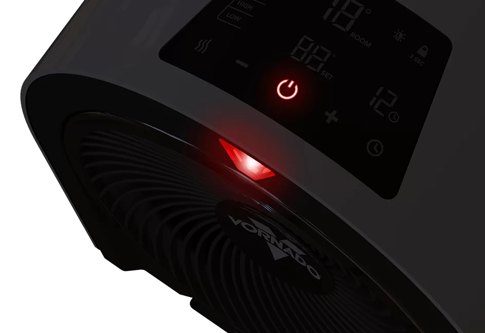 Velocity 5r web banner kight Top view of a black Velocity 5r heater's control panel. The power button is lit up red.