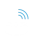 White outline of an Alexa echo dot with 3 blue wifi lines on the top right