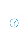 White outline icon of a house with a blue clock outline in its center.