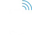 White outline of a phone with 3 blue wifi lines on the top right