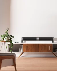 Lifestyle Vornado AIRBAR 4 horizontally sitting on a low cabinet. There is a green plant to the left of it.