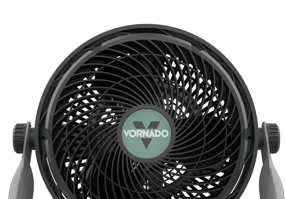 EXO61 HD 5 Year Warranty Closeup of EXO61 HD fan prominently showing off the Vornado Logo