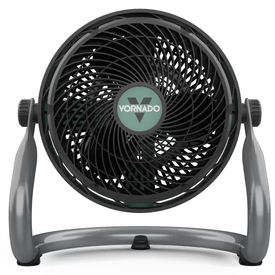 EXO61 HD Fan Front facing image of the EXO61 HD Fan. The fan is circular with a black grill and dark fan blades. In the center is a mint green circle with a black and white vornado logo. The fan is supported by a steel base that is attached the the sides.