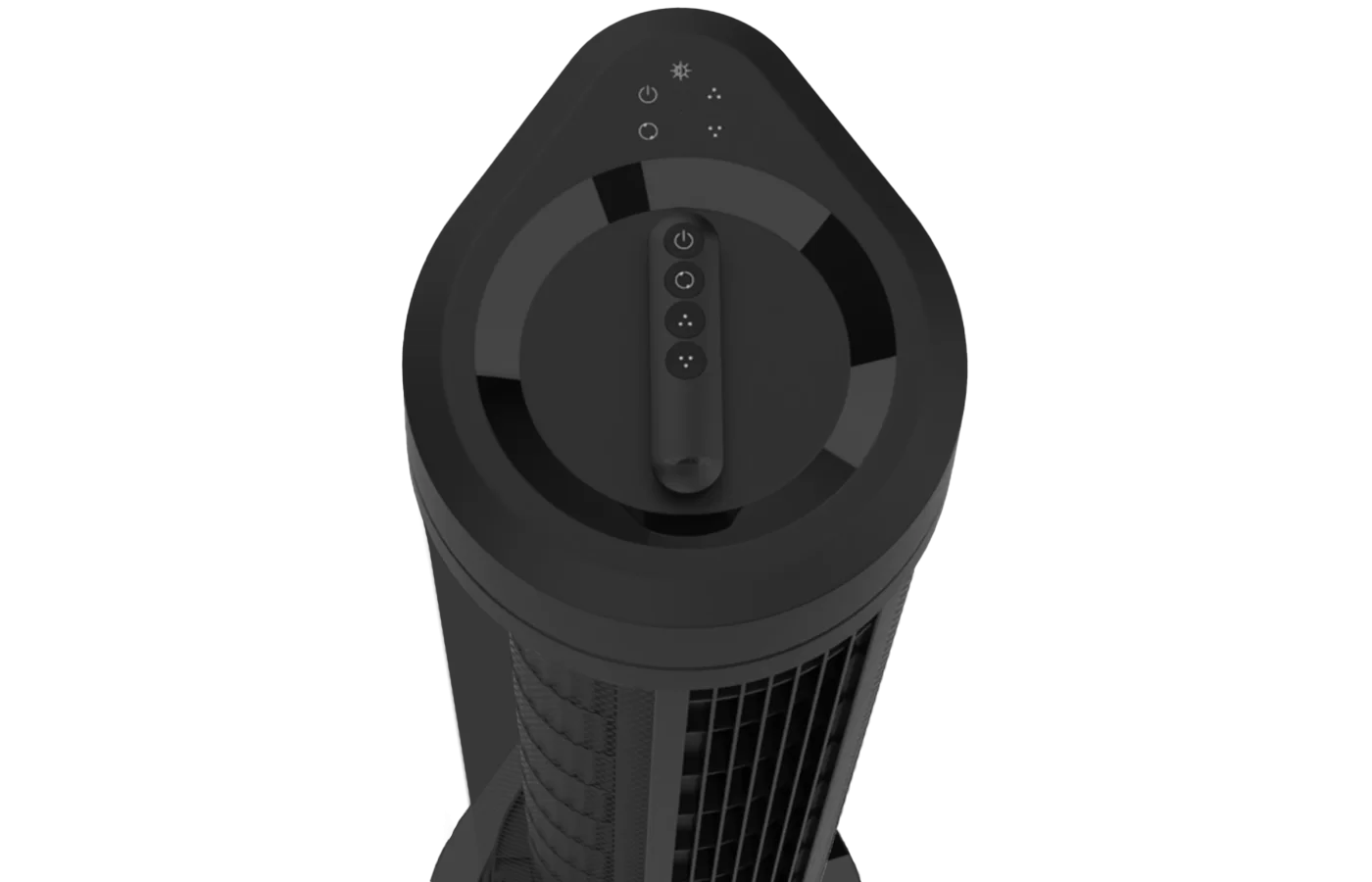 ARA Remote on Top ARA Tower top view with remote sitting in the middle.