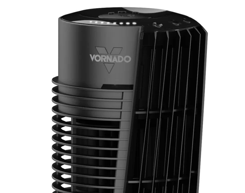 OSC54 Tower Warranty 2024 Close up image of OSC54 Tower fan's top section. The tower fan is black with the Vornado logo