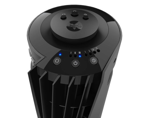 OSC73 5 Year Warranty Close up image of OSC73 Tower fan's top section. The remote and control panel can be seen.