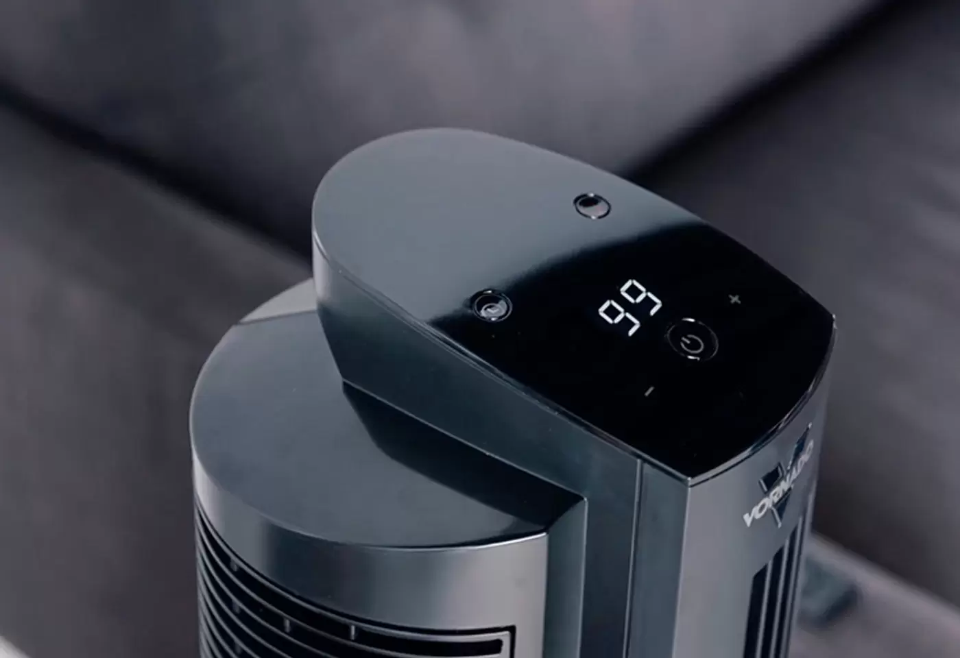 Closeup of the top of a OZI42DC Tower Circulator showing the max fan speed at 99