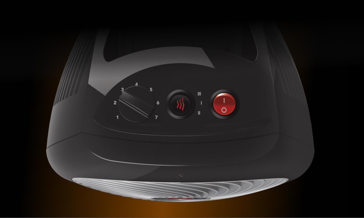 MVH Easy Controls Top view of MVH heater showing the mechanical thermostat dial, 3 heat settings, and power button.