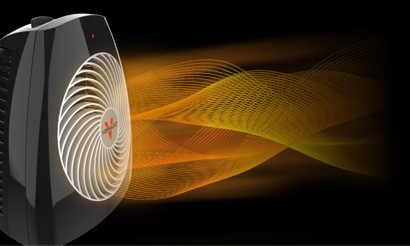 MVH Vortex Circulation MVH Heater. There are red and orange curved lines coming out of the grille to show how the Vortex Circulation works