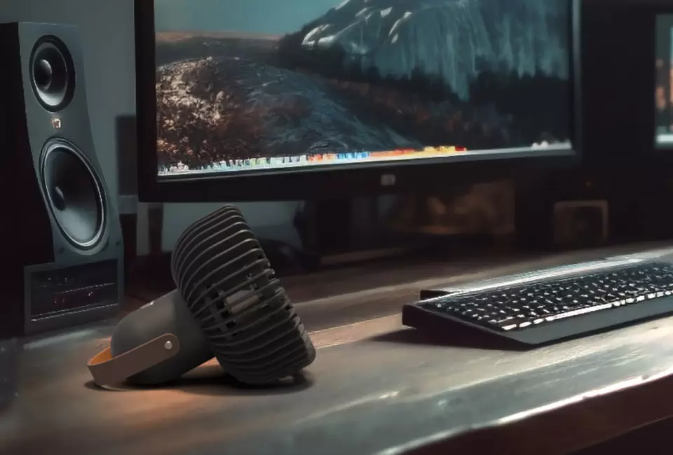Fly Move Nearly Soundless Fly Move on a desk by a speaker and a computer monitor.