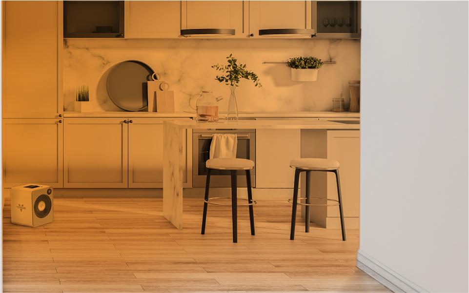 VMHI500 whole room heat A kitchen gradually being heated by a VMHI500 whole room heater on the floor