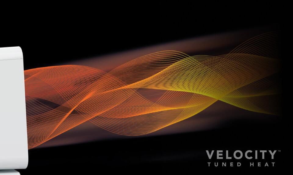 Velocity Cube 5S Tuned Heat Side view of Velocity Cube 5S with red and orange curved lines coming out of the grille to show velocity tuned heat.