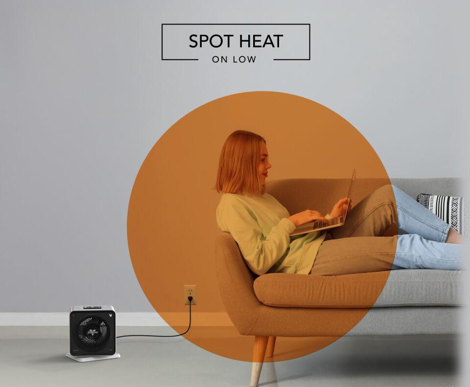 Velocity Cube 5S Spot Heat Fade Woman laying on a couch with the Velocity Cube 5S heater on the floor. There is an orange circle overlay on her to indicate spot heat on low.