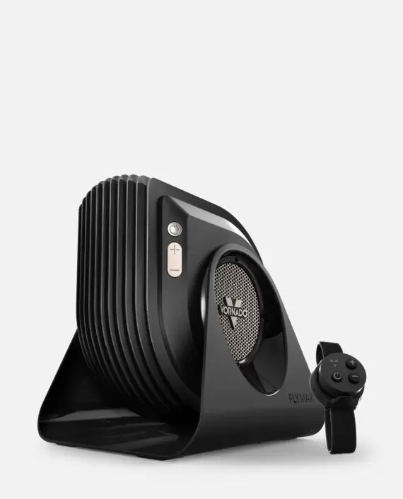 Vornado FLY MAX Hero with vertical grille and side buttons along with magnetic remote and strap