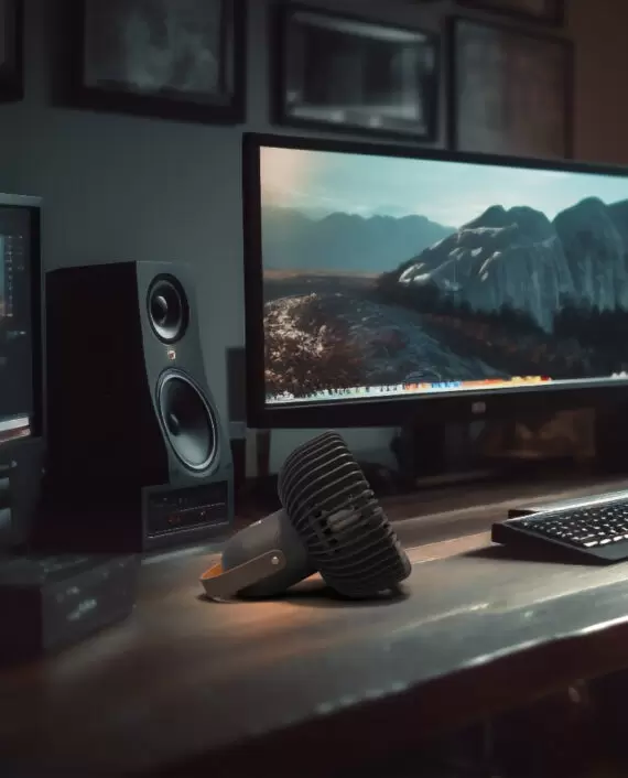 Vornado FLY MOVE sitting on the desk of a desktop workstation
