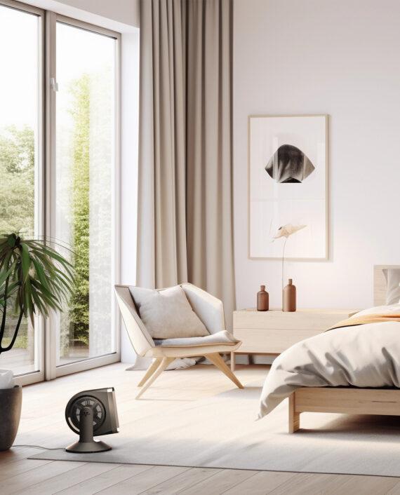 Vornado STRATA 8T on the floor of a bedroom pointing its airflow at the bed in the middle of the room