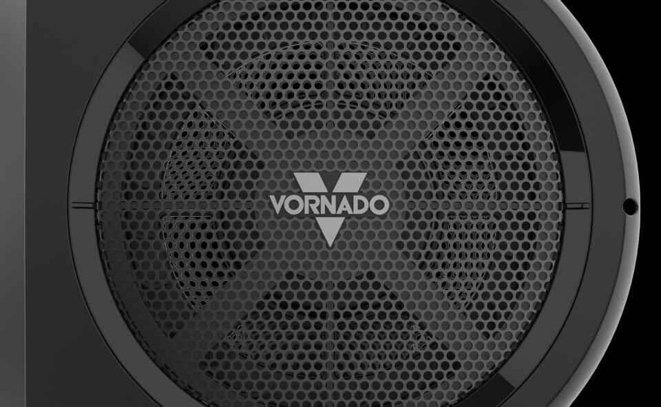 Close up of Strata 8T's grille. The Vornado logo is front and center.
