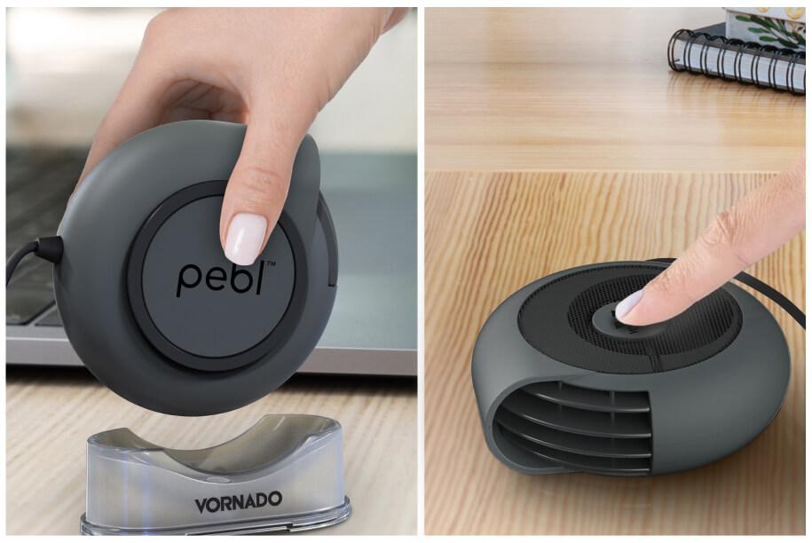 Vertical and Horizontal Pebl Lifestyle shots of the Pebl Portable Fan in Vertical and Horizontal position