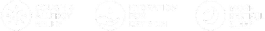 EV3 Benefits Trio of white text icons explaining that EV3 helps with cough and allergy relief, hydration for dry skin, and can help provide a more restful sleep.