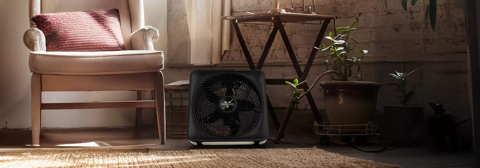 Model 80X next to a chair and plant