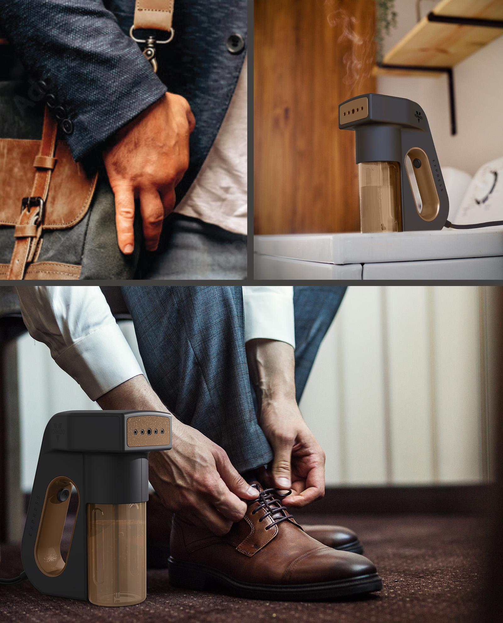 Vornado EXPRESS garment steamer next to a man tying his shoe