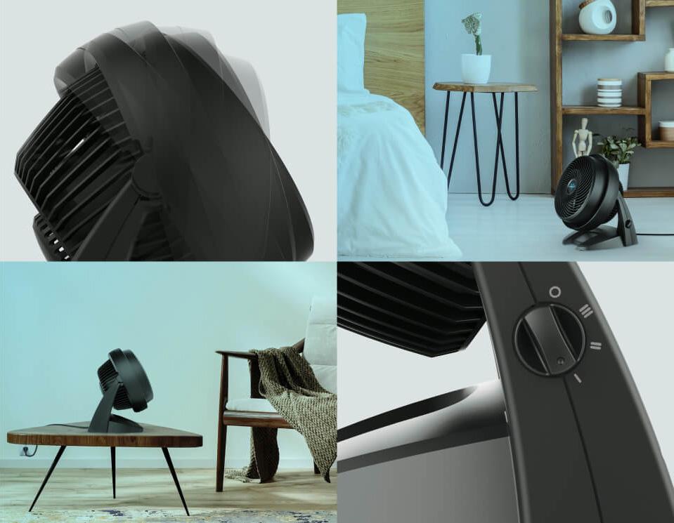 A collage of 630 showing it on the floor and a table. A close up of it's control knob and it's multi-directional airflow are also shown.