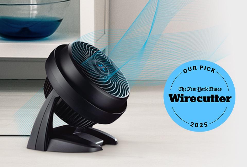 630 air circulator on the floor with The New York Times Wirecutter Our Pick 2025 blue badge.
