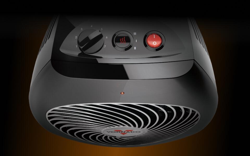Top view of MVH heater showing the mechanical thermostat dial, 3 heat settings, and power button.