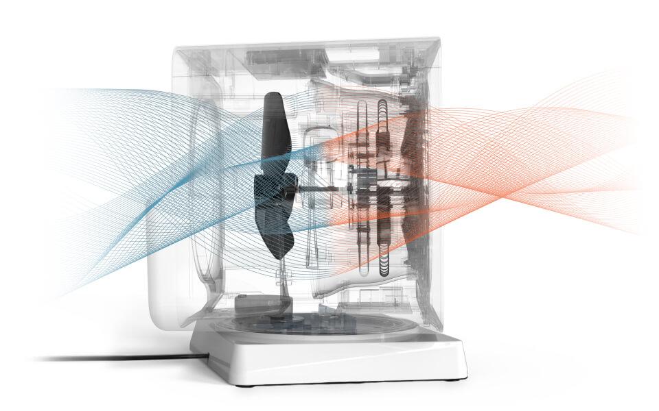 Velocity Cube 5 OSC's Auto Climate being shown through blue wave lines from the back of the product becoming orange as they leave the front grille.