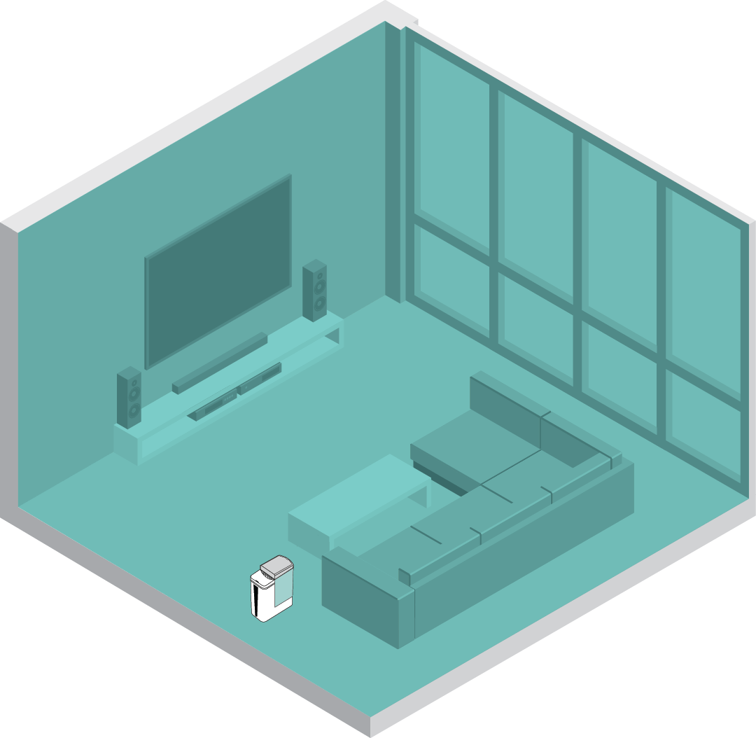 Vornado Whole Room Humidification Mistic 6 Graphic showing Vornado Whole room humidification with green arrows showing the humidification in a room.