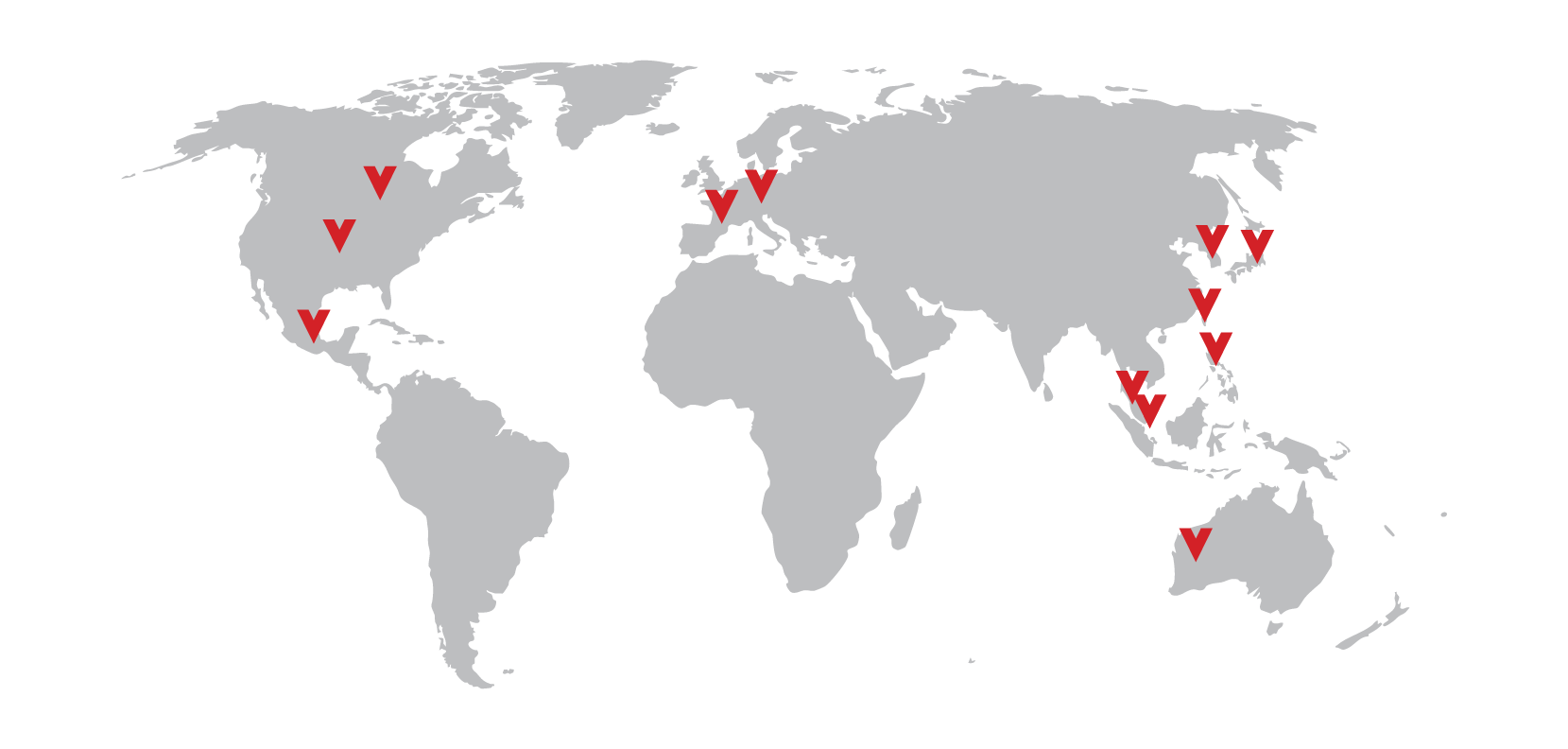 Vornado Map 2025 1 Grey map of the world with a red v marking where Vornado is is. 2 locations in North America, 1 in South America, 2 in Europe, 1 in Australia, and 7 spread about Asia